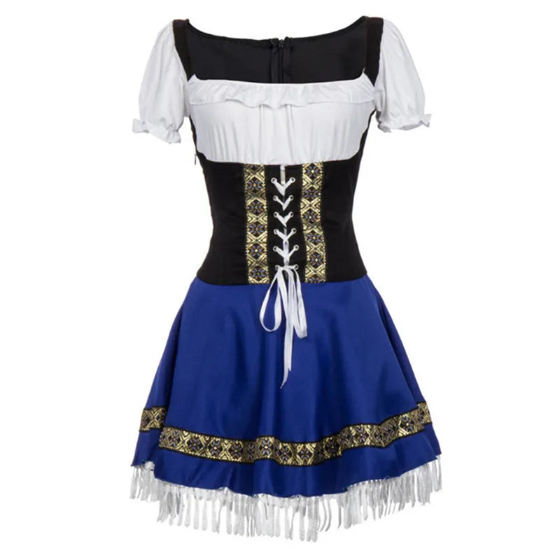 Dames Oktoberfest Dirndl Jurk met Vetersluiting en Vierkante Hals Blauw