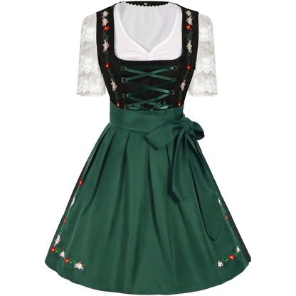 Dames Oktoberfest Dirndl Midi met Vetersluiting en Bloemenborduursel Groen