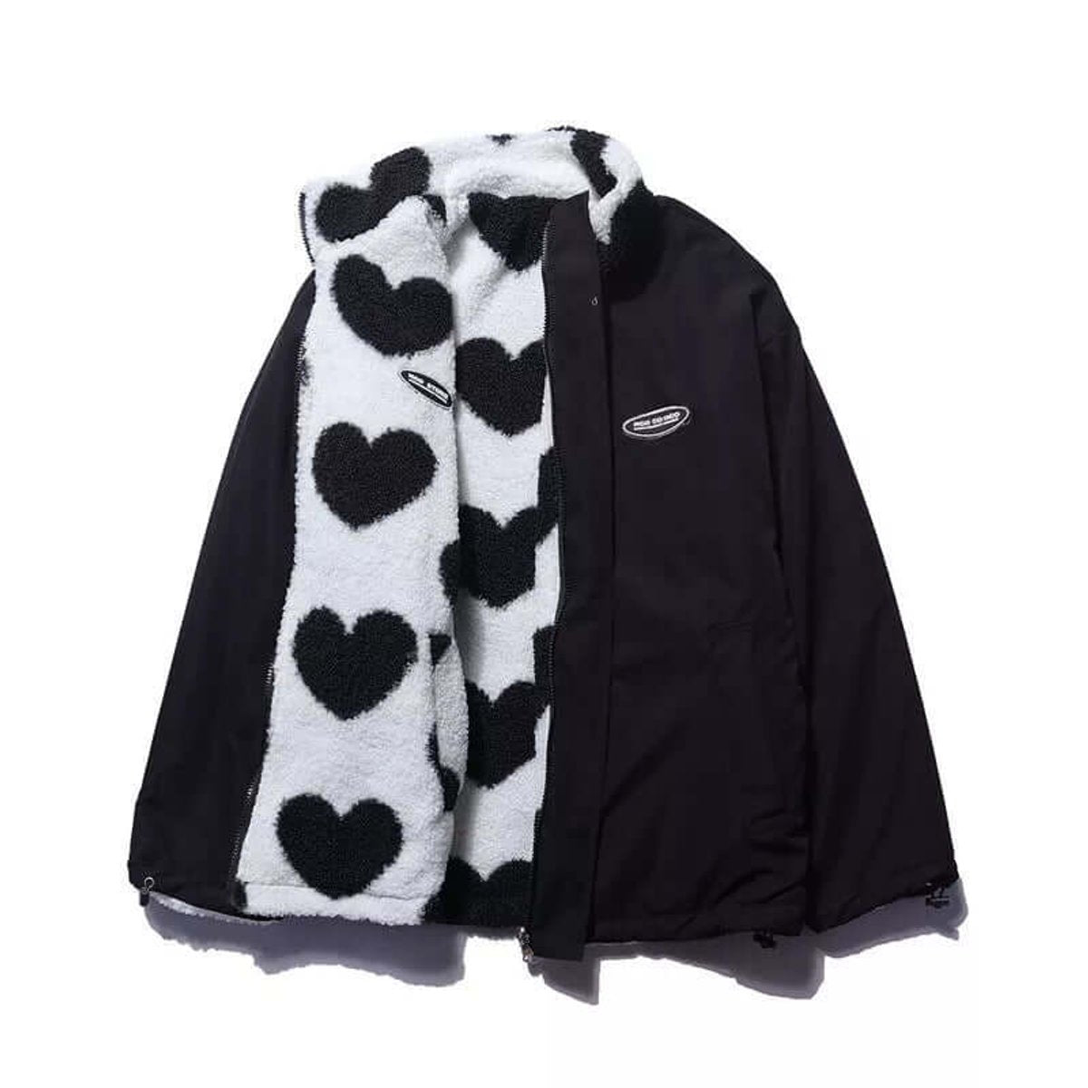 Dames Omkeerbare Winterjas met Hartprint en Staande Kraag