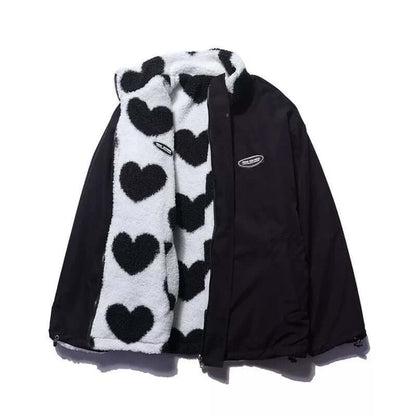 Dames Omkeerbare Winterjas met Hartprint en Staande Kraag
