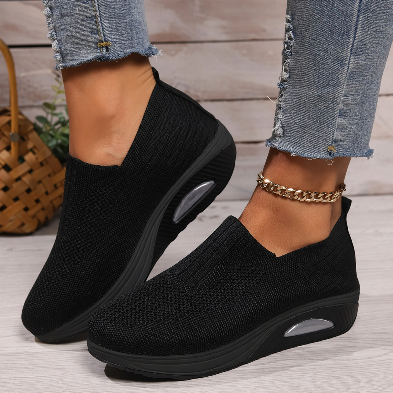 Dames Sneakers met Luchtzool en Slip-on Sluiting Zwart