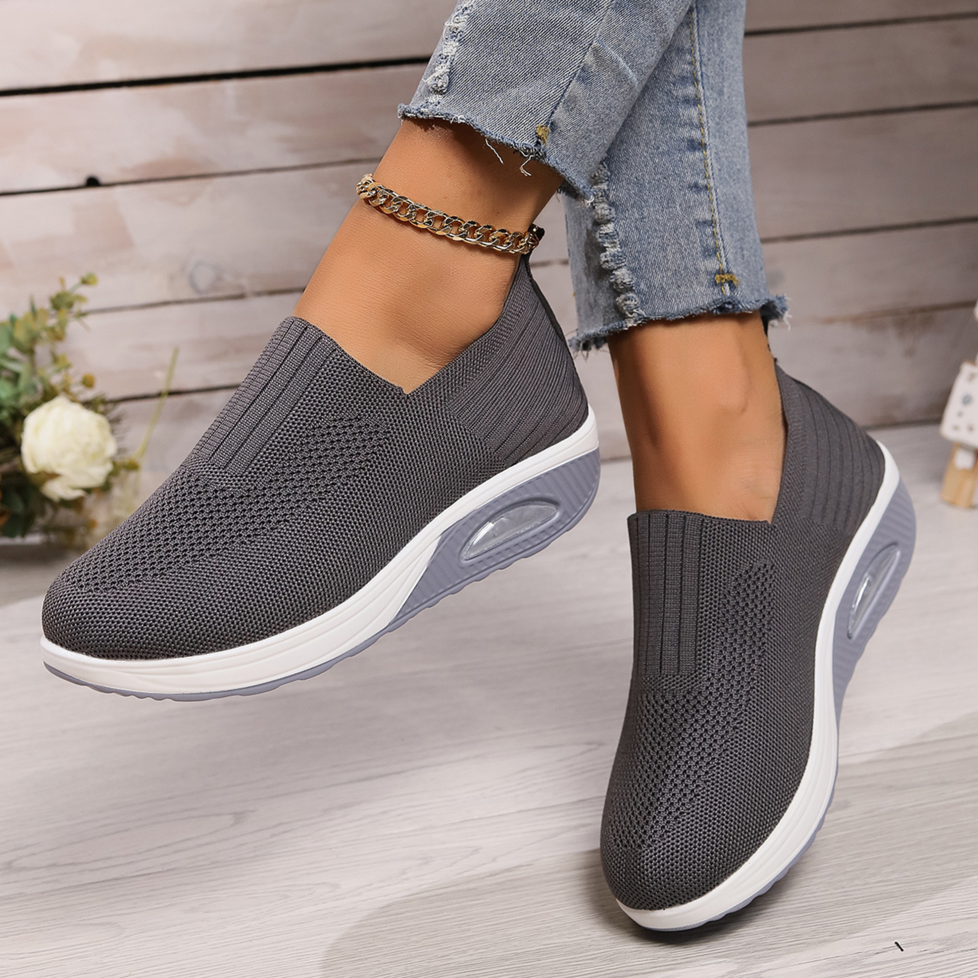 Dames Sneakers met Luchtzool en Slip-on Sluiting Grijs