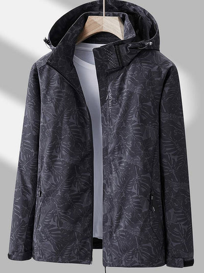 Dames Outdoor Jacket met Capuchon en Bladprint Zwart