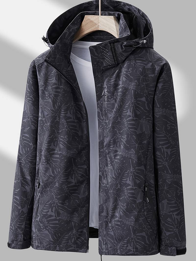 Dames Outdoor Jacket met Capuchon en Bladprint Ritssluiting Zwart