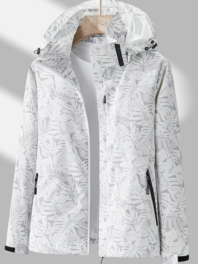 Dames Outdoor Jacket met Capuchon en Bladprint Ritssluiting Wit