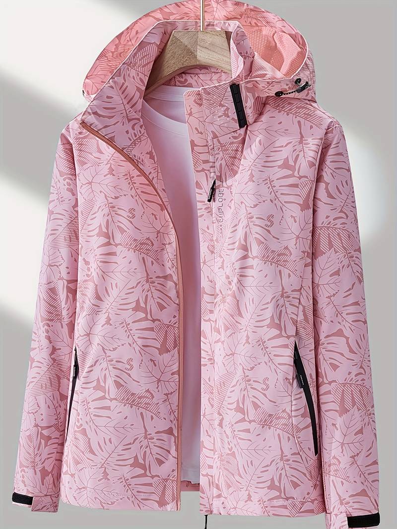 Dames Outdoor Jacket met Capuchon en Bladprint Ritssluiting Lichtroze