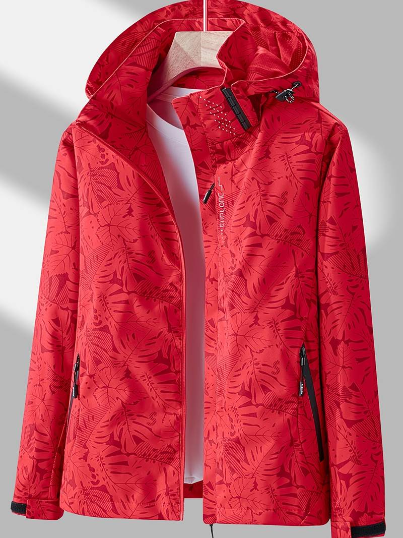 Dames Outdoor Jacket met Capuchon en Bladprint Ritssluiting Rood