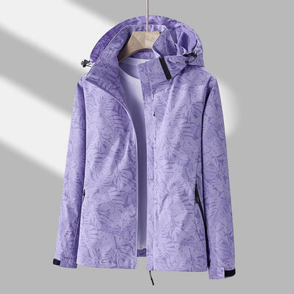 Dames Outdoor Jacket met Capuchon en Bladprint Ritssluiting Paars