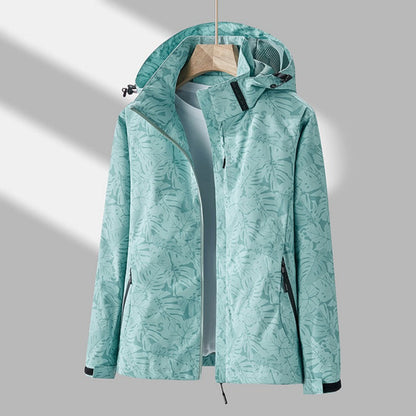 Dames Outdoor Jacket met Capuchon en Bladprint Ritssluiting Turquoise