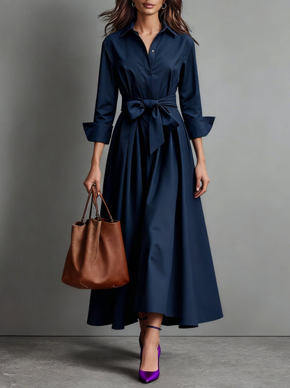 Dames Overhemd Midi Jurk met A-lijn Rok en Strikceintuur Navy