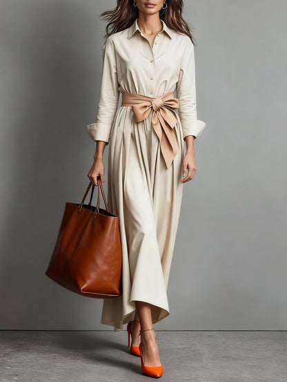 Dames Overhemd Midi Jurk met A-lijn Rok en Strikceintuur Beige