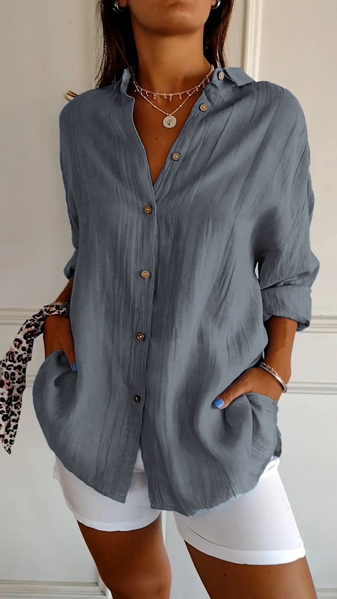 Dames Oversized Blouse met Lange Mouwen en Zijzakken Grijs
