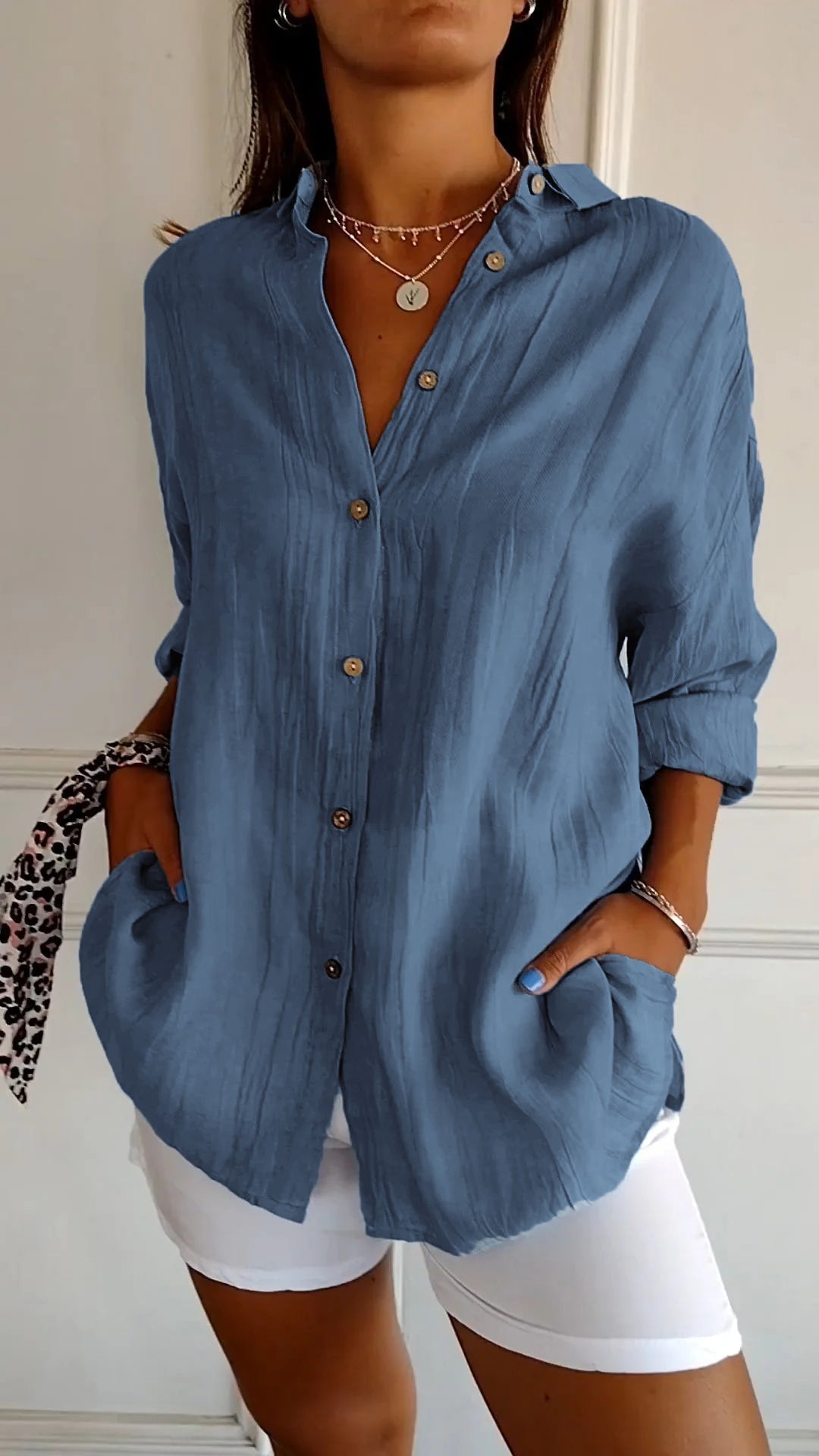 Dames Oversized Blouse met Lange Mouwen en Zijzakken Donkerblauw