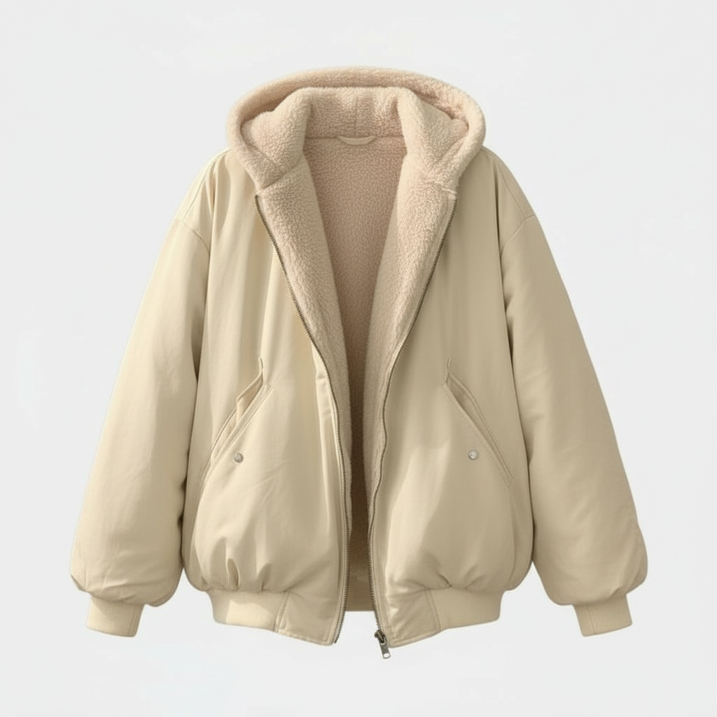 Dames Oversized Bomber Jacket met Capuchon en Fleece Voering Gebroken Wit