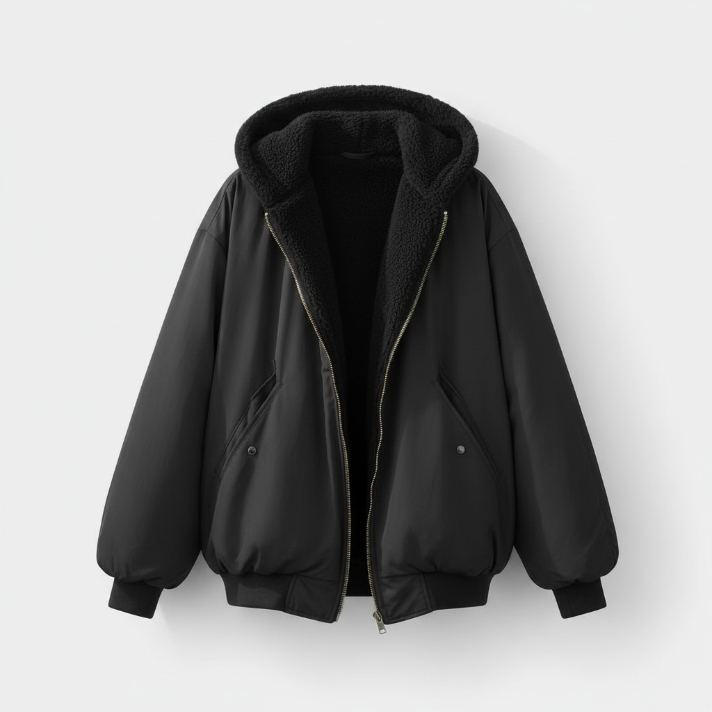 Dames Oversized Bomber Jacket met Capuchon en Fleece Voering Zwart