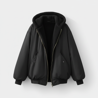Dames Oversized Bomber Jacket met Capuchon en Fleece Voering Zwart
