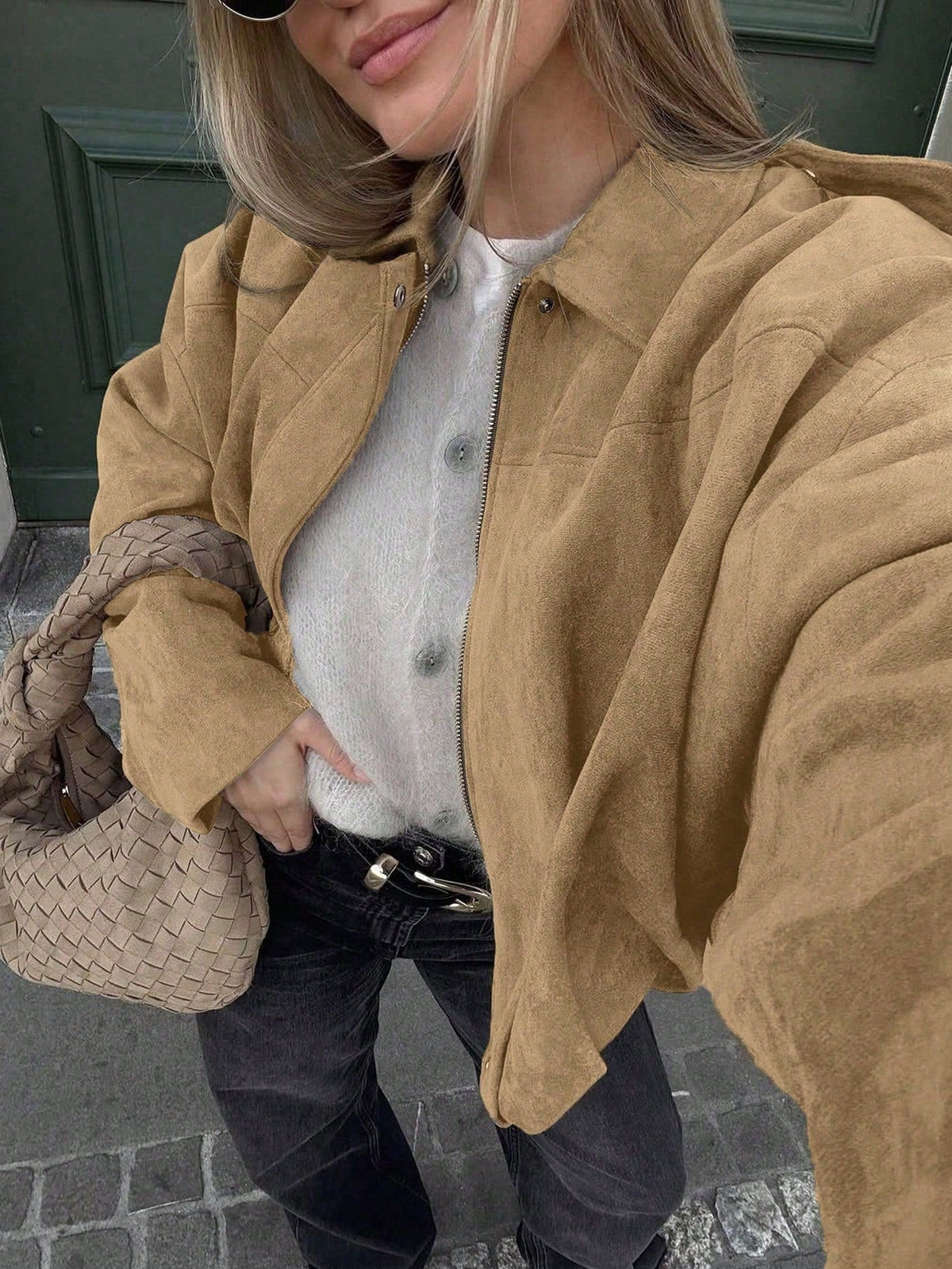 Dames Oversized Bomberjack met Rits en Opstaande Kraag Khaki