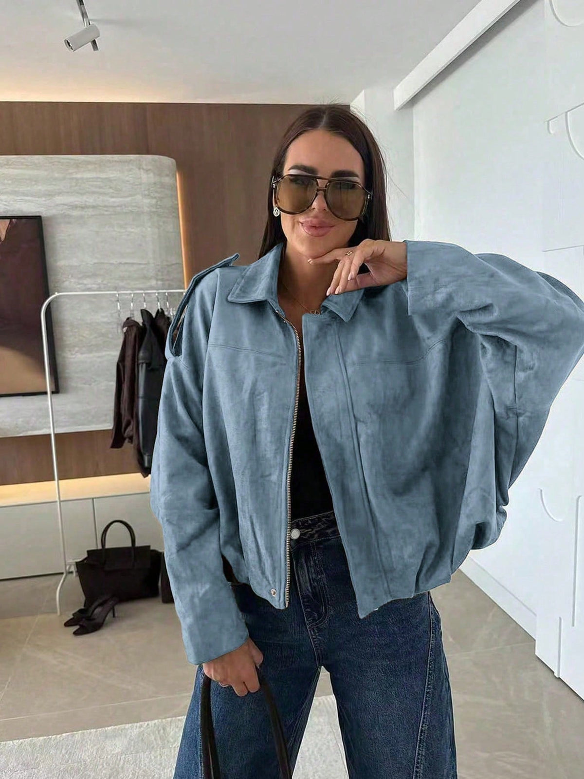 Dames Oversized Bomberjack met Rits en Opstaande Kraag Blauw