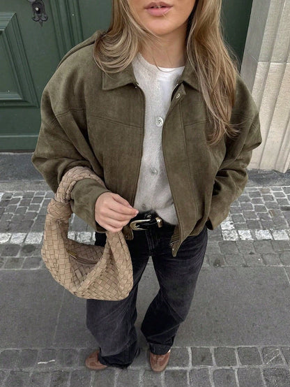 Dames Oversized Bomberjack met Rits en Opstaande Kraag Mokka