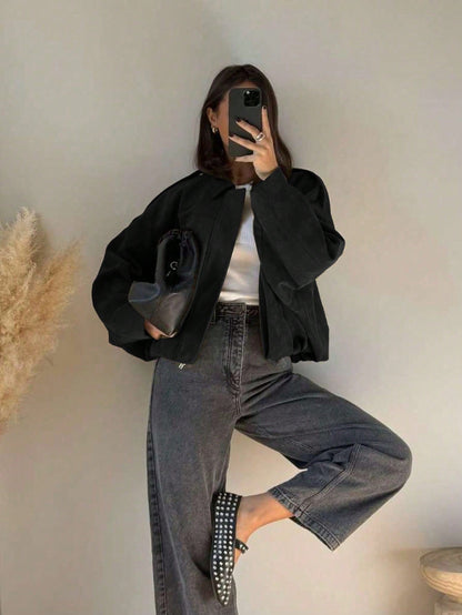 Dames Oversized Bomberjack met Rits en Opstaande Kraag Zwart