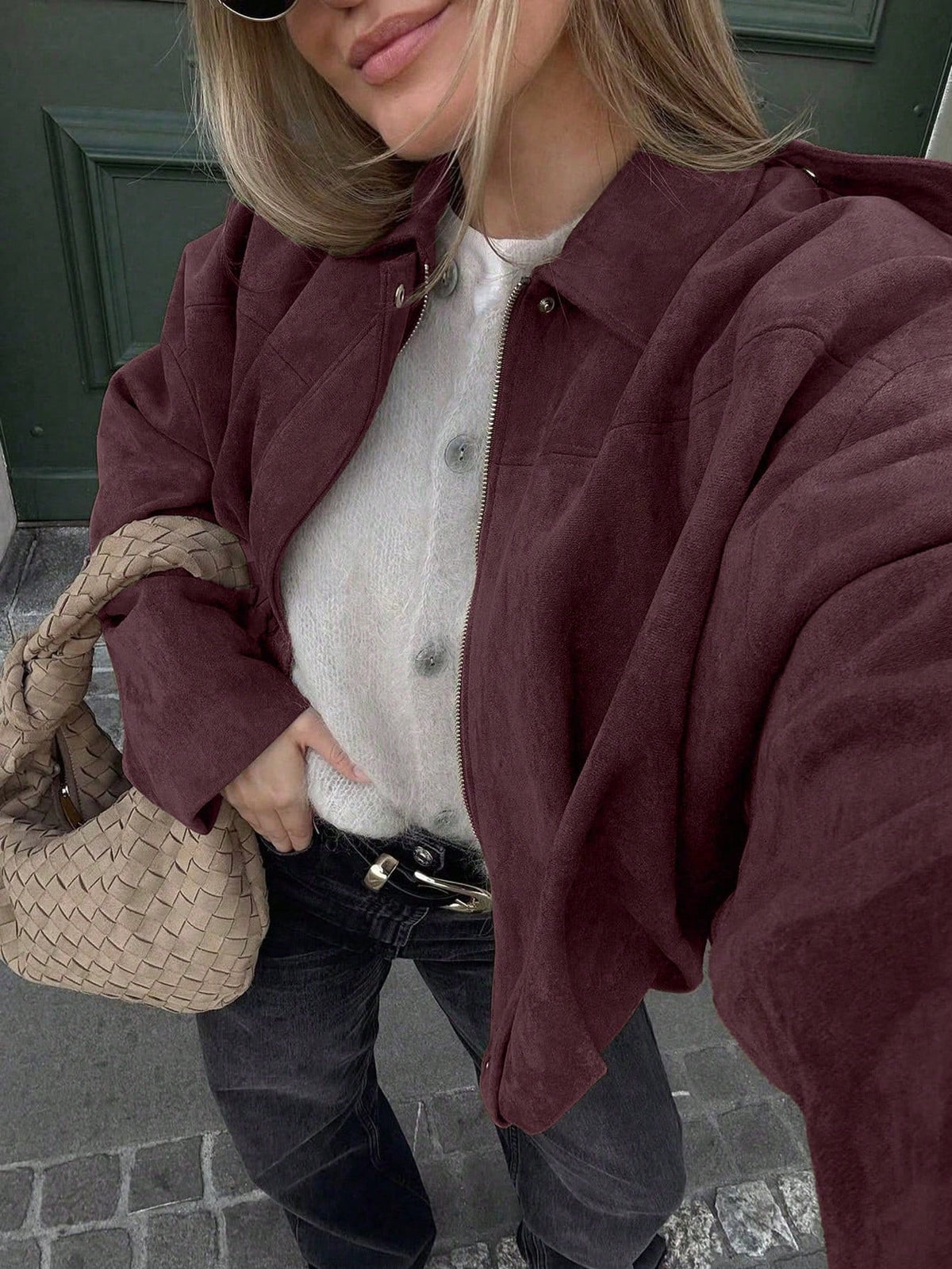 Dames Oversized Bomberjack met Rits en Opstaande Kraag Bordeaux