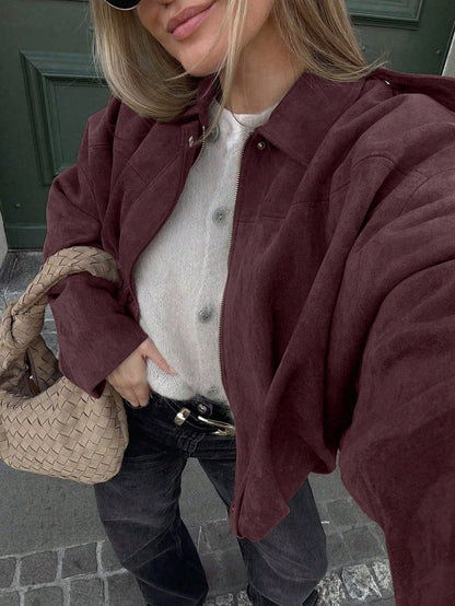 Dames Oversized Bomberjack met Rits en Opstaande Kraag Bordeaux