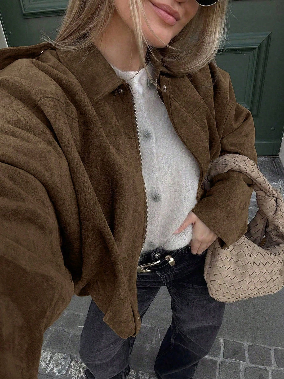 Dames Oversized Bomberjack met Rits en Opstaande Kraag Bruin