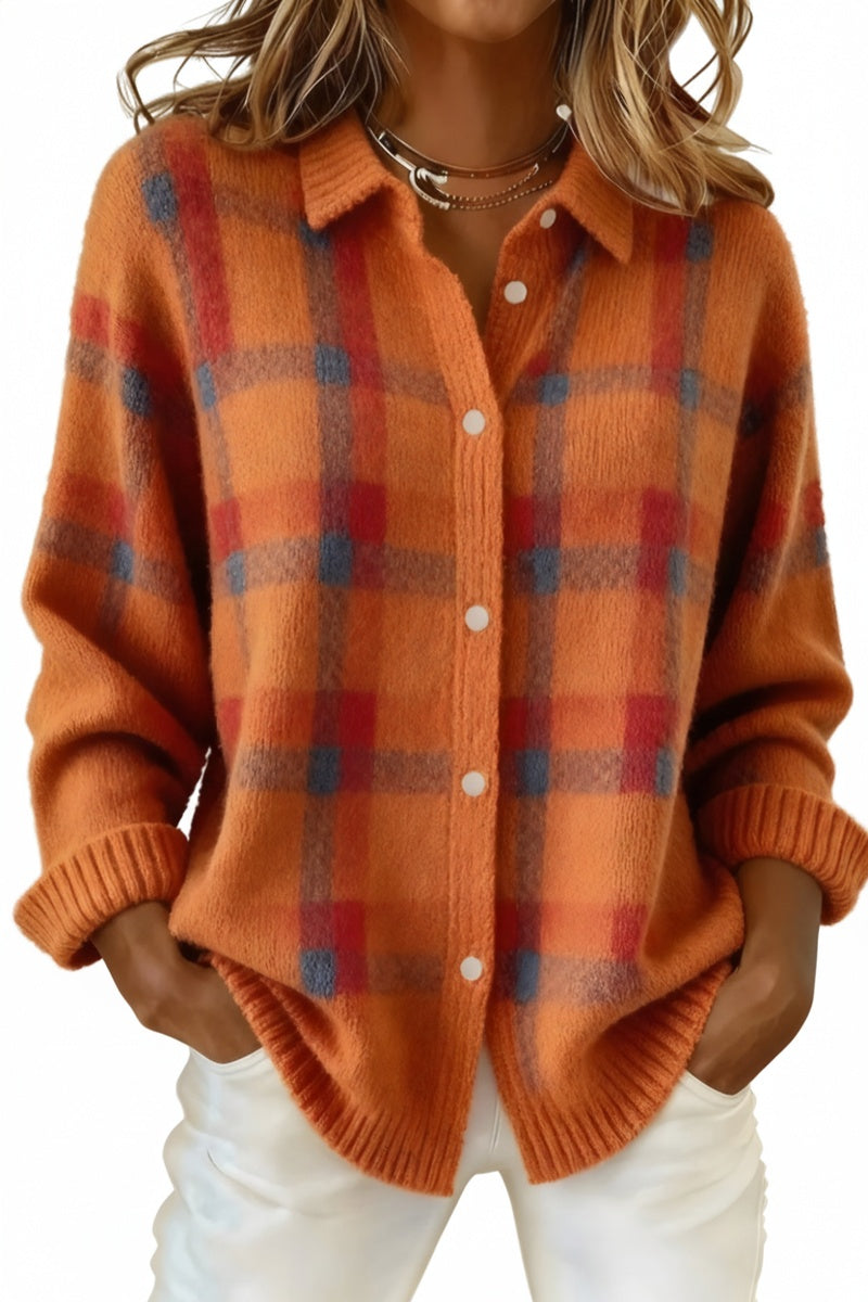 Dames Oversized Cardigan met Geruite Print en Knoopsluiting