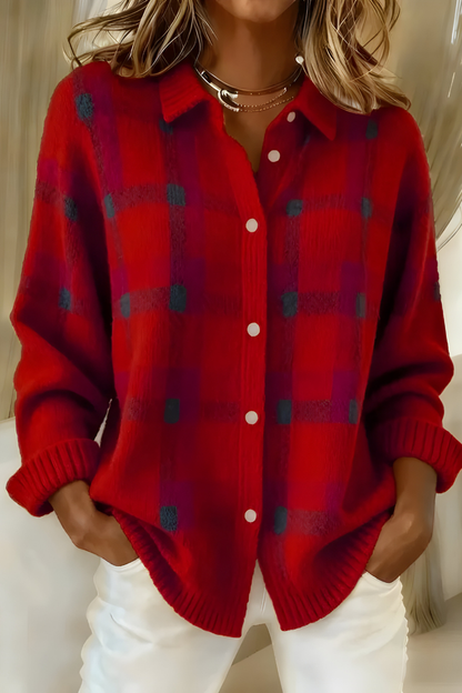 Dames Oversized Cardigan met Geruite Print en Knoopsluiting Rood