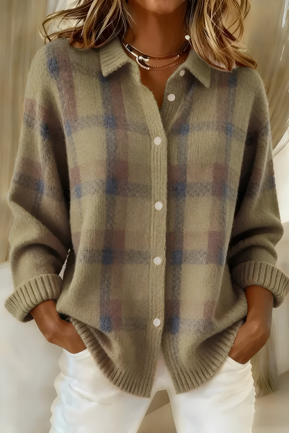 Dames Oversized Cardigan met Geruite Print en Knoopsluiting Bruin