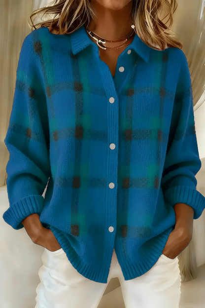 Dames Oversized Cardigan met Geruite Print en Knoopsluiting Blauw