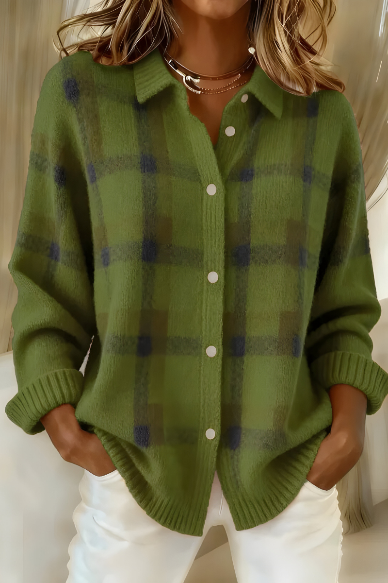 Dames Oversized Cardigan met Geruite Print en Knoopsluiting Groen