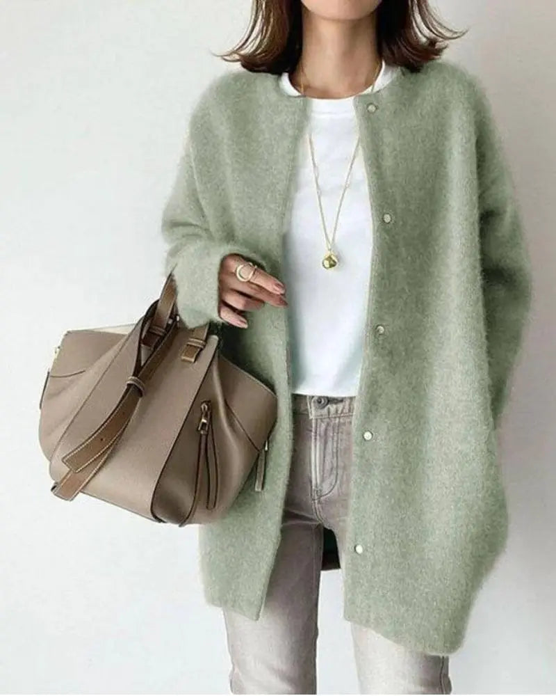 Dames Oversized Cardigan met Ronde Hals en Drukknopen Mintgroen
