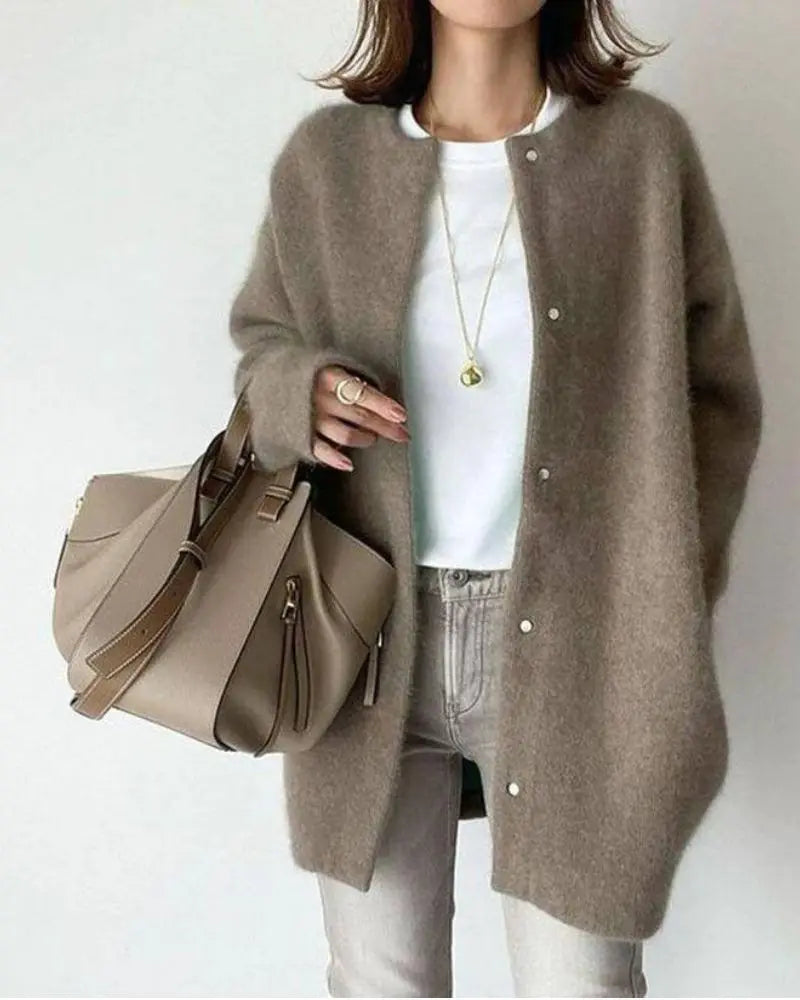 Dames Oversized Cardigan met Ronde Hals en Drukknopen Mokkabruin