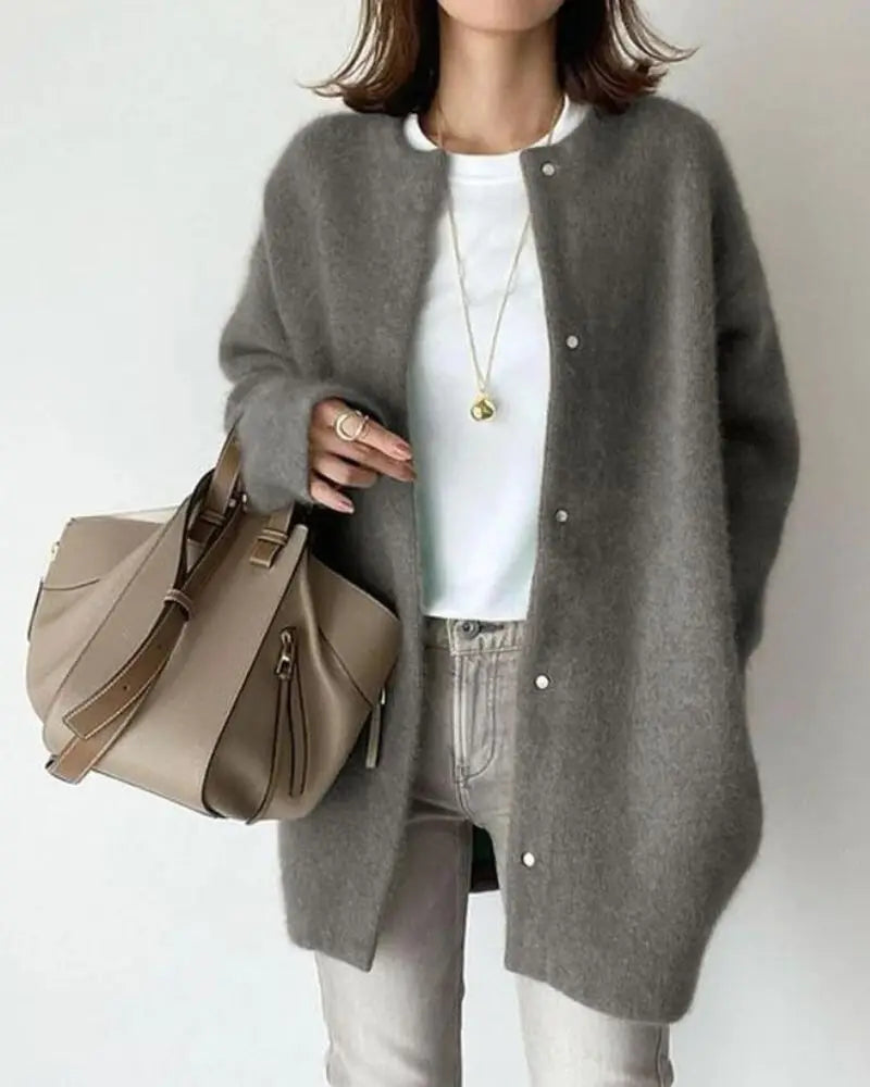 Dames Oversized Cardigan met Ronde Hals en Drukknopen Grijs