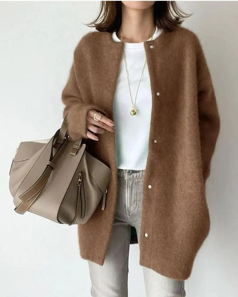 Dames Oversized Cardigan met Ronde Hals en Drukknopen Bruin