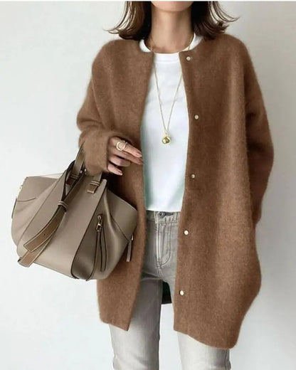Dames Oversized Cardigan met Ronde Hals en Drukknopen Bruin