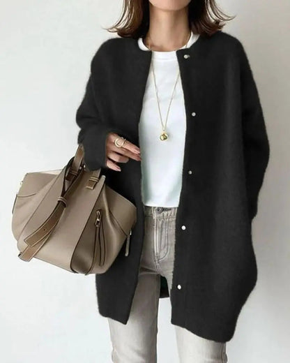 Dames Oversized Cardigan met Ronde Hals en Drukknopen Zwart