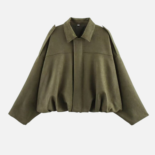 Dames Oversized Cropped jacket met Revers Kraag en Ritssluiting Groen