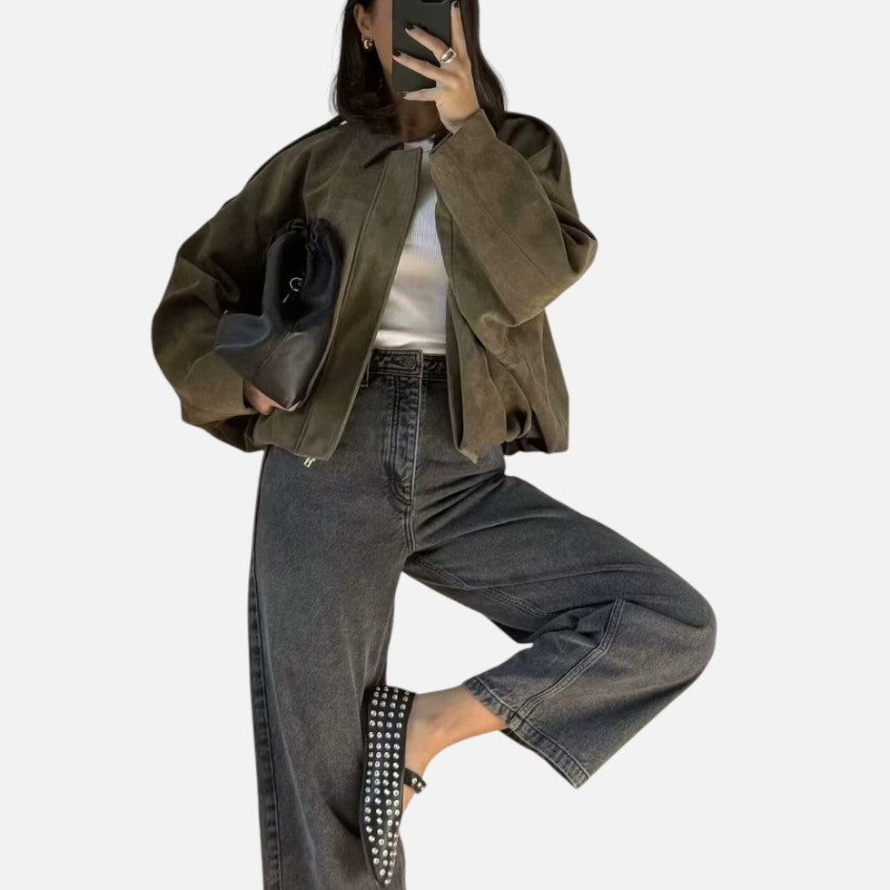 Dames Oversized Cropped jacket met Revers Kraag en Ritssluiting