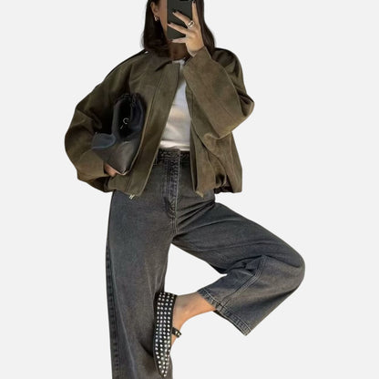 Dames Oversized Cropped jacket met Revers Kraag en Ritssluiting