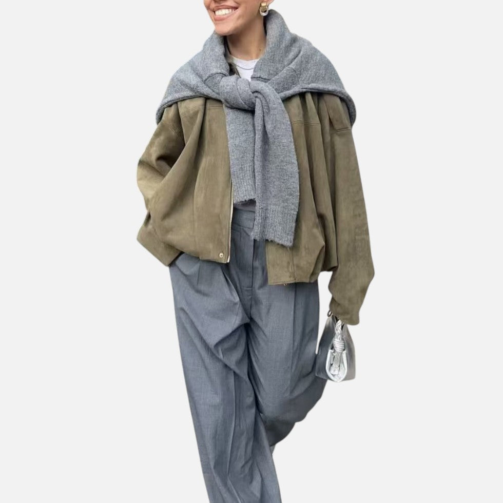 Dames Oversized Cropped jacket met Revers Kraag en Ritssluiting