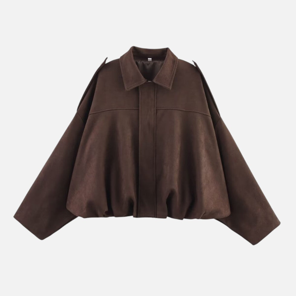 Dames Oversized Cropped jacket met Revers Kraag en Ritssluiting Bruin