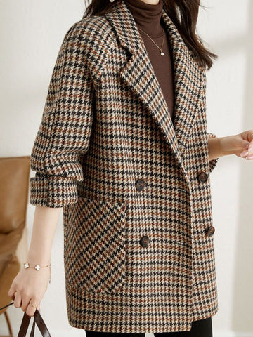Dames Oversized Dubbelrijige Mantel met Pied-de-poule Motief en Reverskraag Bruin Beige Zwart