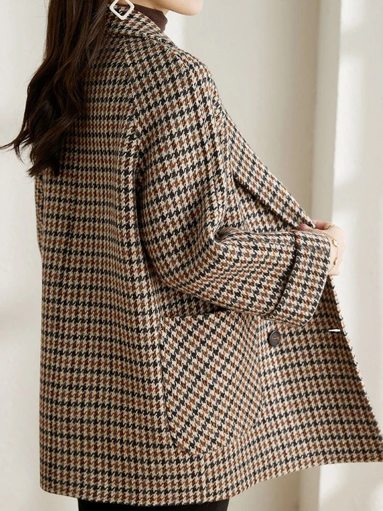 Dames Oversized Dubbelrijige Mantel met Pied-de-poule Motief en Reverskraag