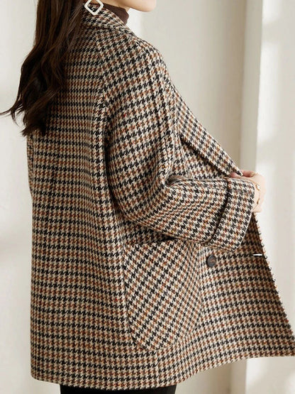 Dames Oversized Dubbelrijige Mantel met Pied-de-poule Motief en Reverskraag