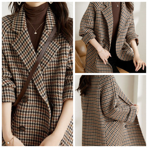Dames Oversized Dubbelrijige Mantel met Pied-de-poule Motief en Reverskraag