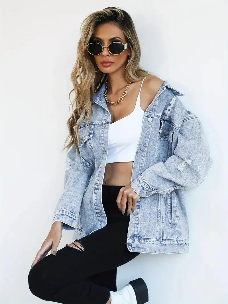 Dames Oversized Gevoerde Denim Jas met Waterafstotende Stof