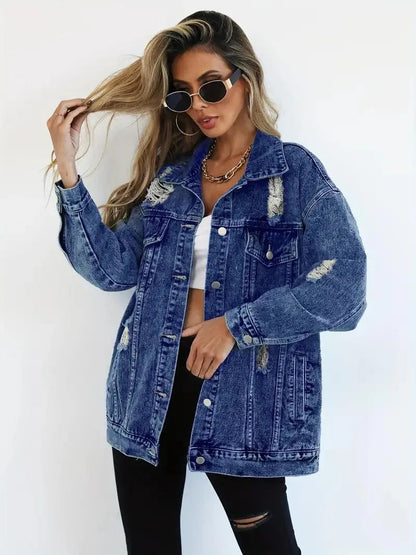 Dames Oversized Gevoerde Denim Jas met Waterafstotende Stof