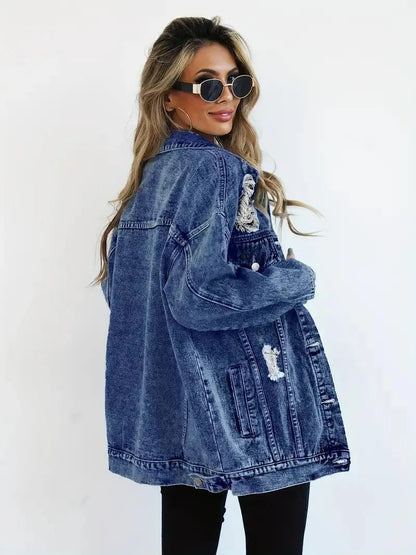 Dames Oversized Gevoerde Denim Jas met Waterafstotende Stof